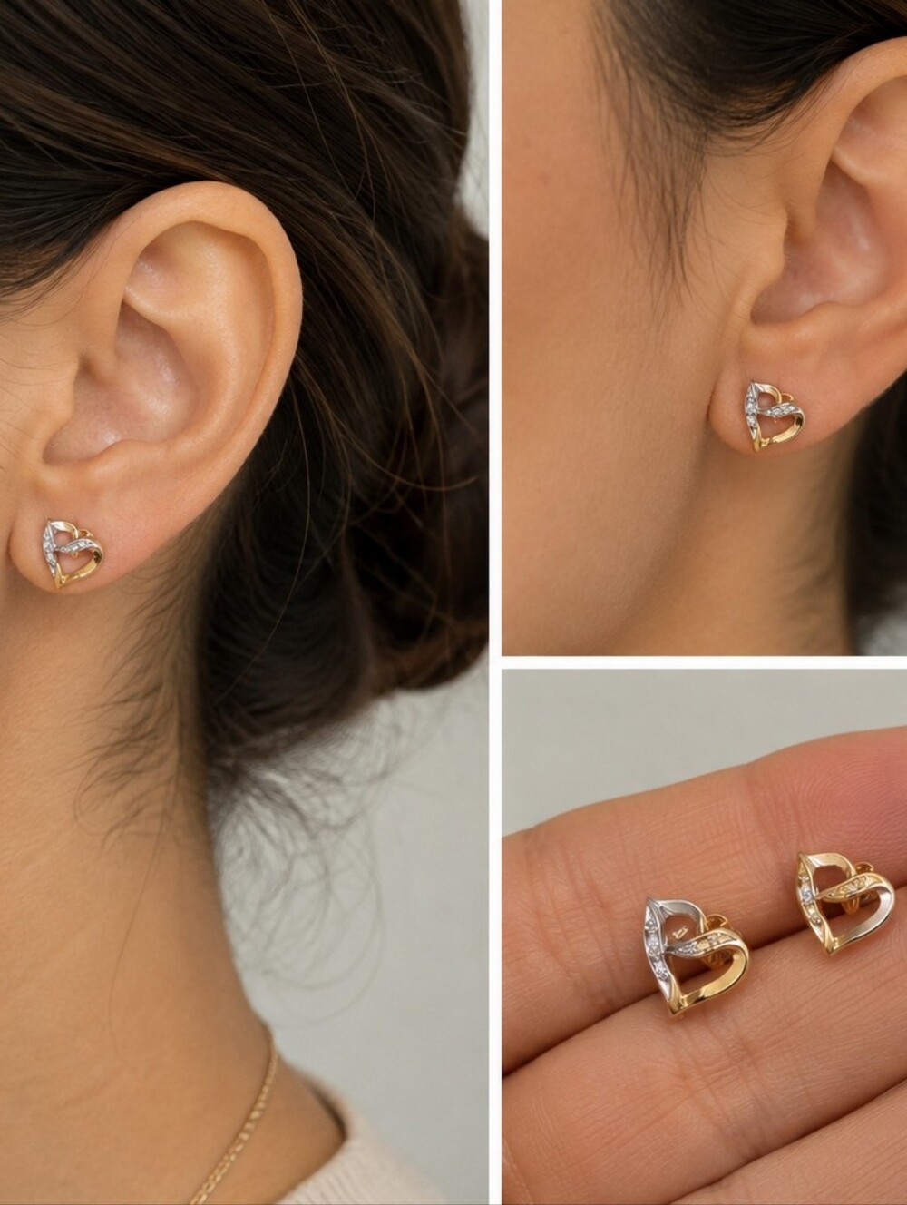 Elegant Two-Tone Heart Stud Earrings - 10k Gold & Silver